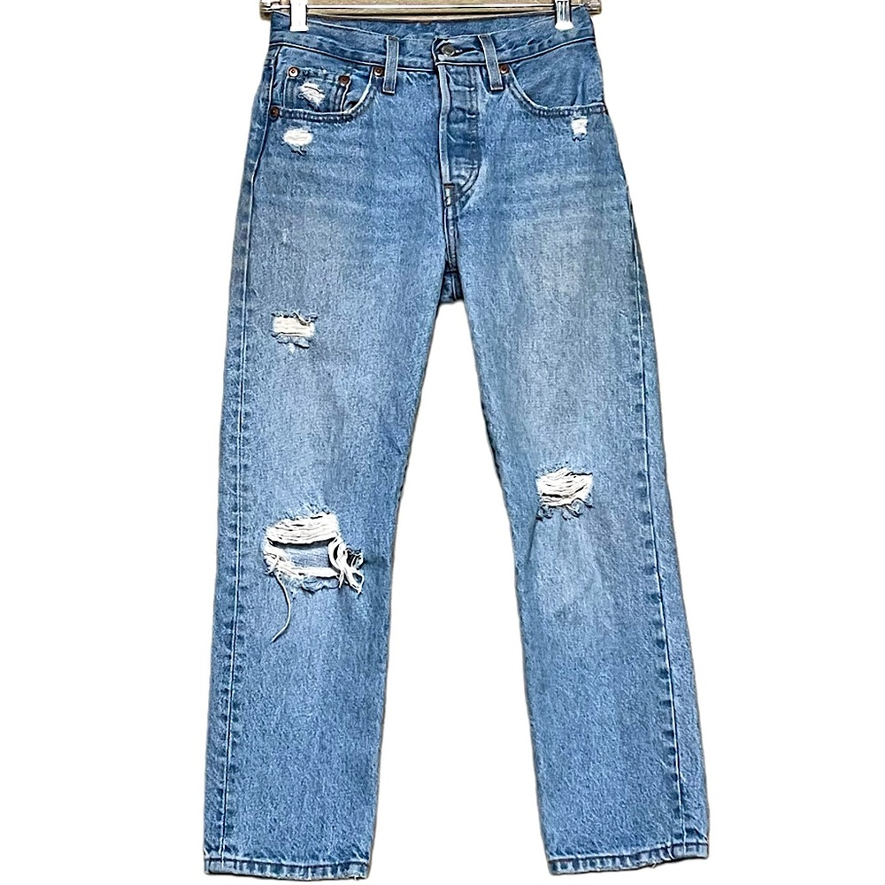 LEVI’S 501 Women’s Straight Leg High Rise Destructed Jeans Size 24 Blue Grunge